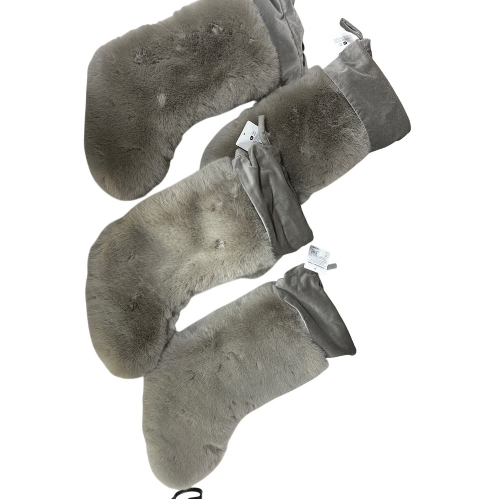 Pottery Barn Gray Faux Fur Christmas Stockings Velvet Cuff Set of 4 New